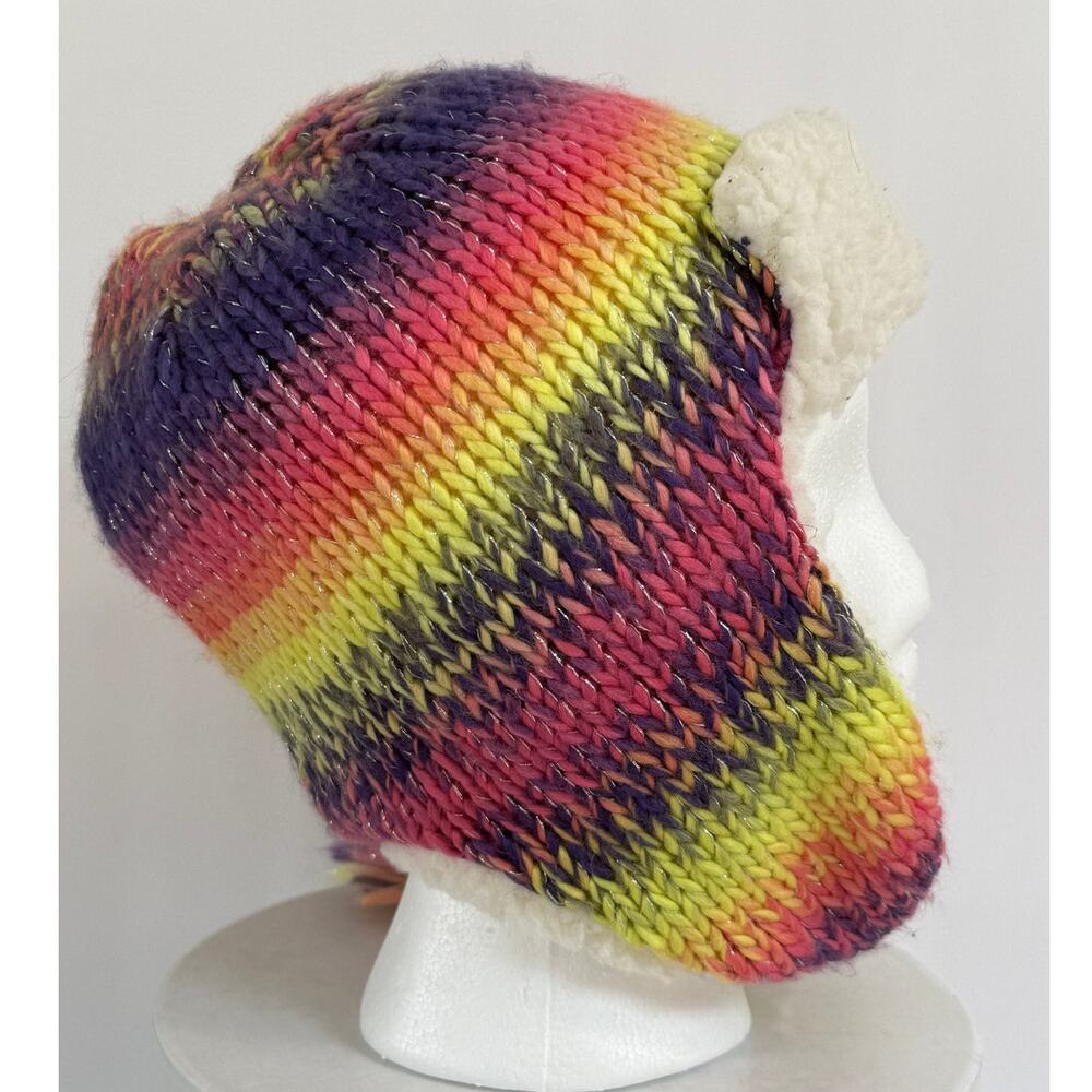 Rainbow Knit Trapper Hat Sherpa Lined Ear Flap Tassel Boho Joe Boxer One Size